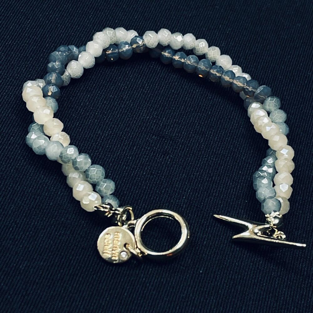 ~ NEW Marlyn Schiff Rare Beaded Bracelet Gray Double Lightning Bolt Toggle Gold